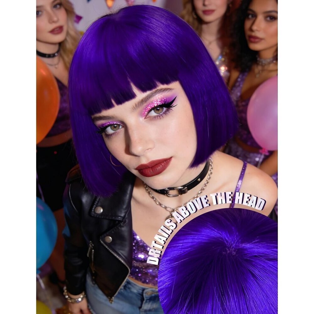 Women's Dark Purple 12 Inch Costume Cosplay Party Short Bob Wigs And Sunglass - Picture 2 of 7